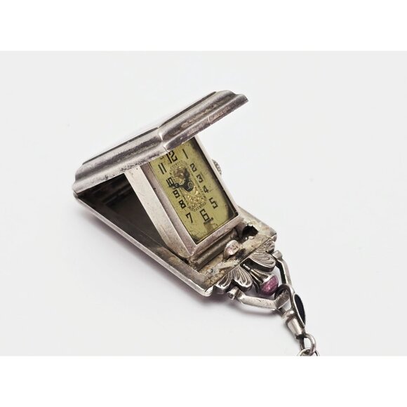 Vintage Art Deco Sterling Silver Black & Purple Enamel Pendant Watch Necklace - Picture 5 of 16